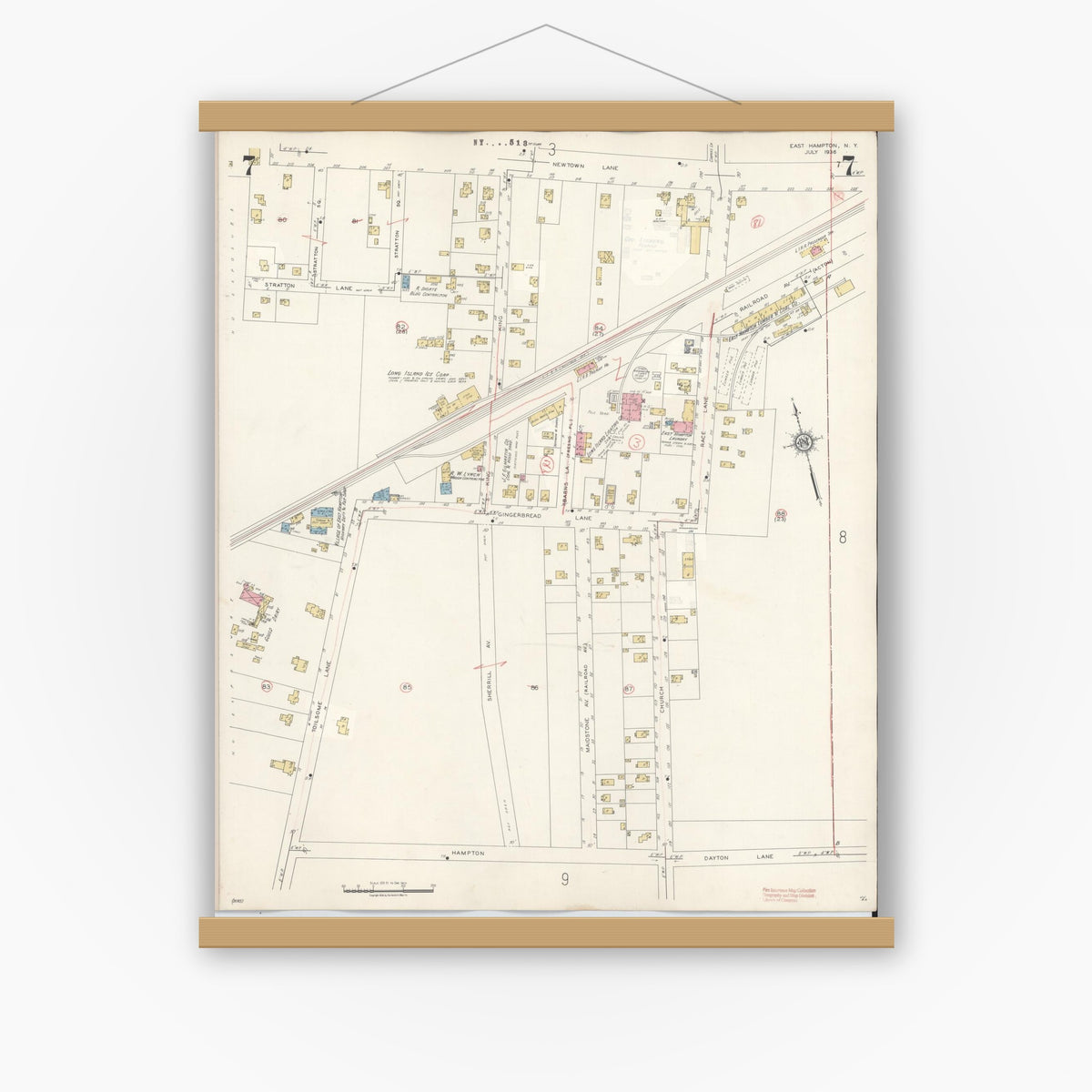 Old map wall art mockup — magnetic wood frame on white wall — Sanborn Fire Insurance Map from Easthampton, Suffolk County, New York (1943), Sheet #0007