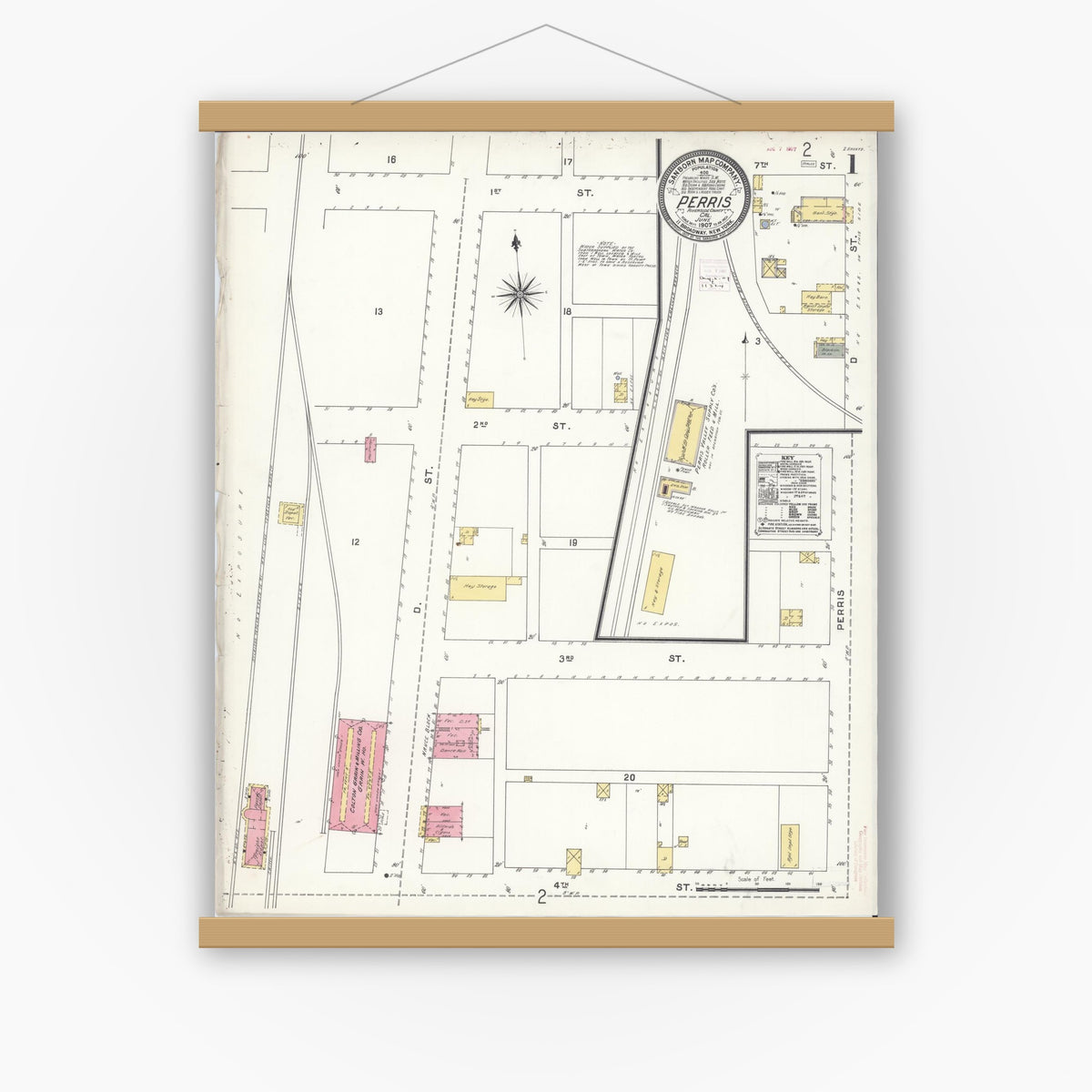 Old map wall art mockup — magnetic wood frame on white wall — Sanborn Fire Insurance Map from Perris, Riverside County, California (1907) - Complete Map Set