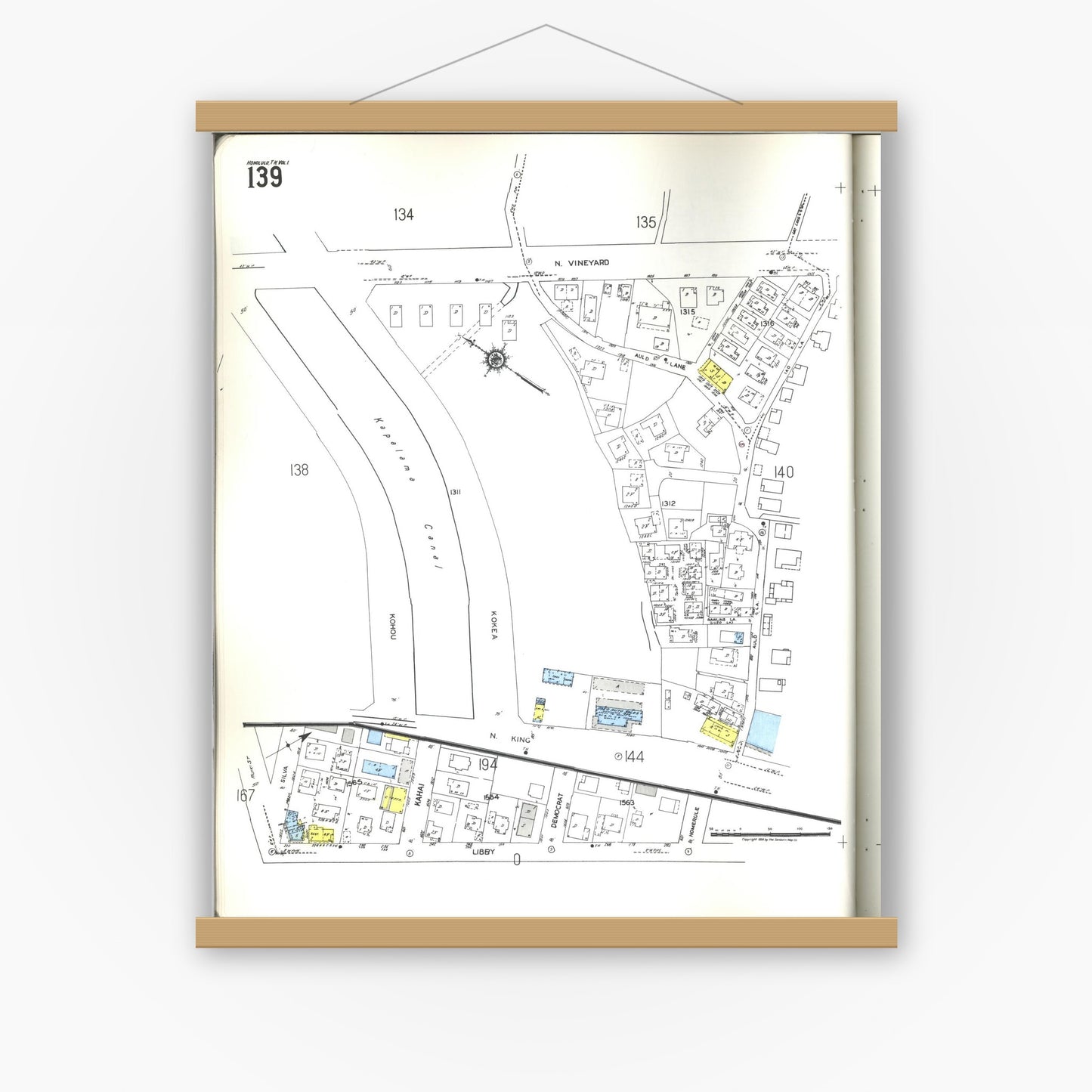 Old map wall art mockup — magnetic wood frame on white wall — Sanborn Fire Insurance Map from Honolulu, Oahu County, Hawaii (1955), Sheet #0139