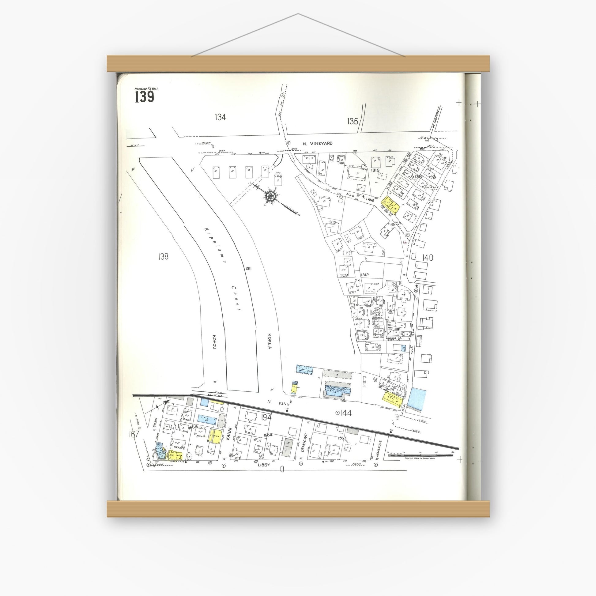 Old map wall art mockup — magnetic wood frame on white wall — Sanborn Fire Insurance Map from Honolulu, Oahu County, Hawaii (1955), Sheet #0139