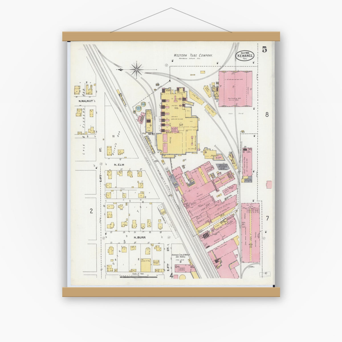 Old map wall art mockup — magnetic wood frame on white wall — Sanborn Fire Insurance Map from Kewanee, Henry County, Illinois (1905), Sheet #0005