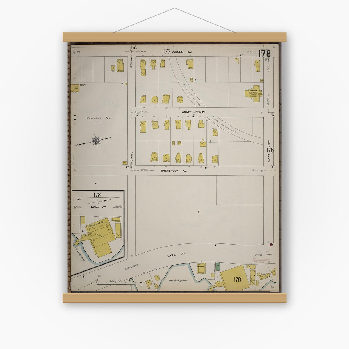 Old map wall art mockup — magnetic wood frame on white wall — Sanborn Fire Insurance Map from Worcester, Worcester County, Massachusetts (1910), Sheet #0178
