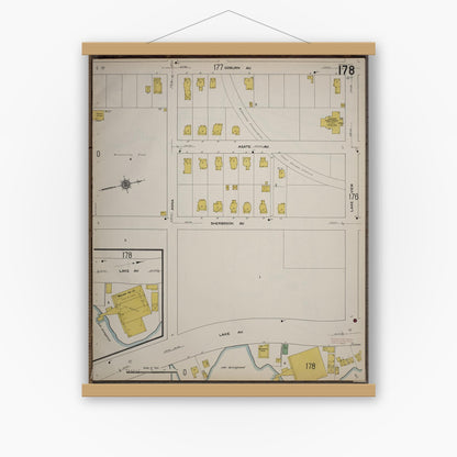 Old map wall art mockup — magnetic wood frame on white wall — Sanborn Fire Insurance Map from Worcester, Worcester County, Massachusetts (1910), Sheet #0178