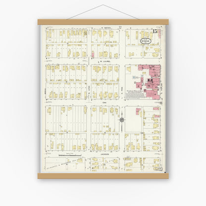 Old map wall art mockup — magnetic wood frame on white wall — Sanborn Fire Insurance Map from Seymour, Jackson County, Indiana (1913), Sheet #0015