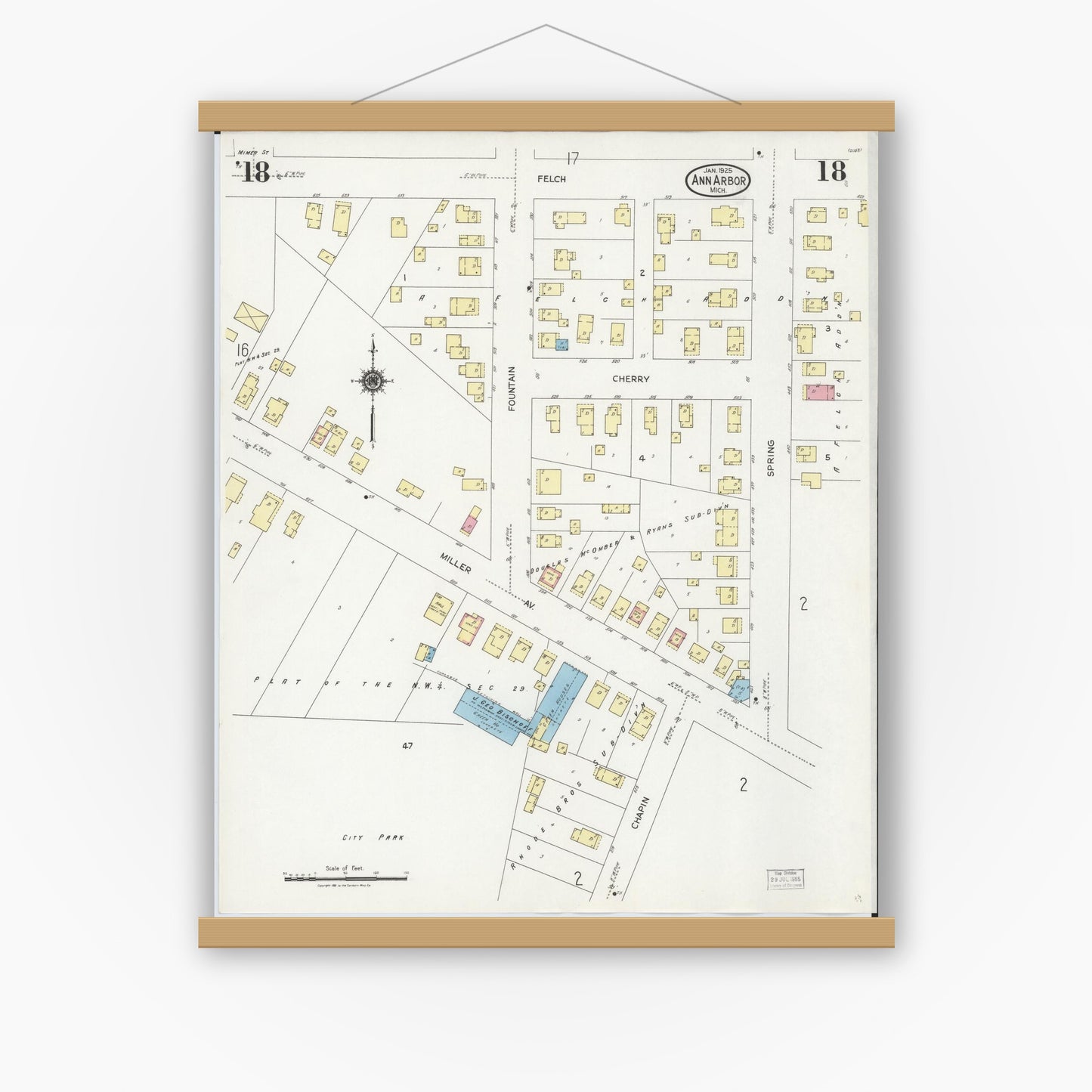 Old map wall art mockup — magnetic wood frame on white wall — Sanborn Fire Insurance Map from Ann Arbor, Washtenaw County, Michigan (1925), Sheet #0018