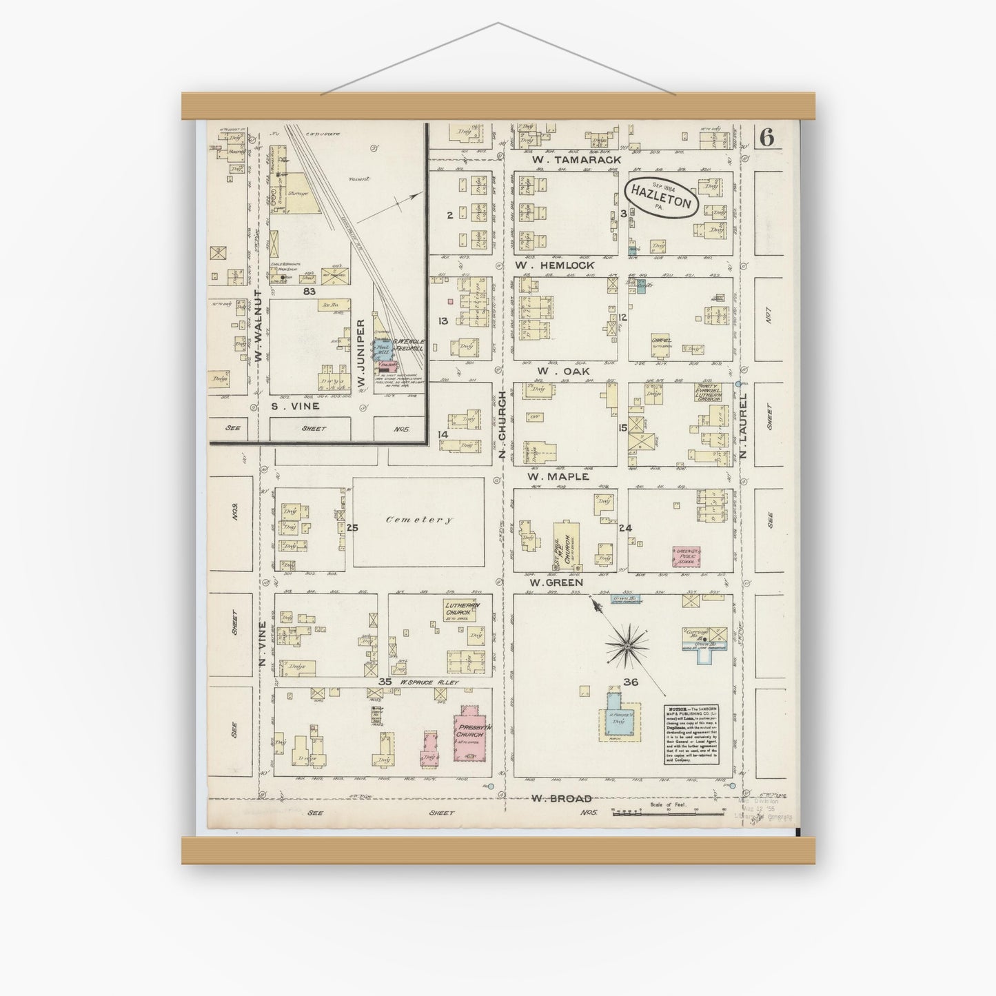 Old map wall art mockup — magnetic wood frame on white wall — Sanborn Fire Insurance Map from Hazleton, Luzerne County, Pennsylvania (1884), Sheet #0006