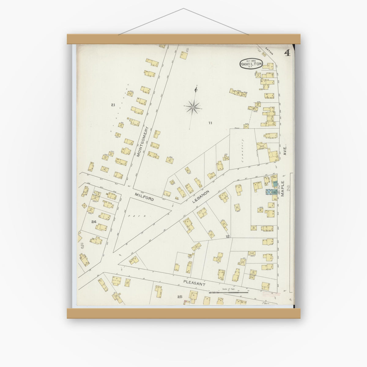 Old map wall art mockup — magnetic wood frame on white wall — Sanborn Fire Insurance Map from Hamilton, Madison County, New York (1893), Sheet #0004