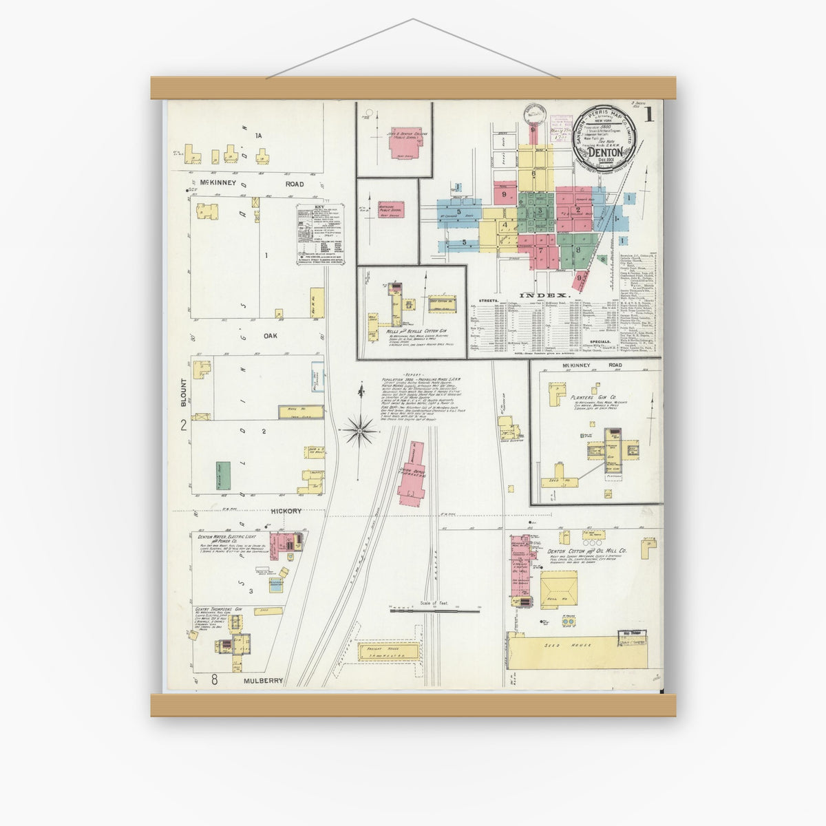 Old map wall art mockup — magnetic wood frame on white wall — Sanborn Fire Insurance Map from Denton, Denton County, Texas (1901), Sheet #0001