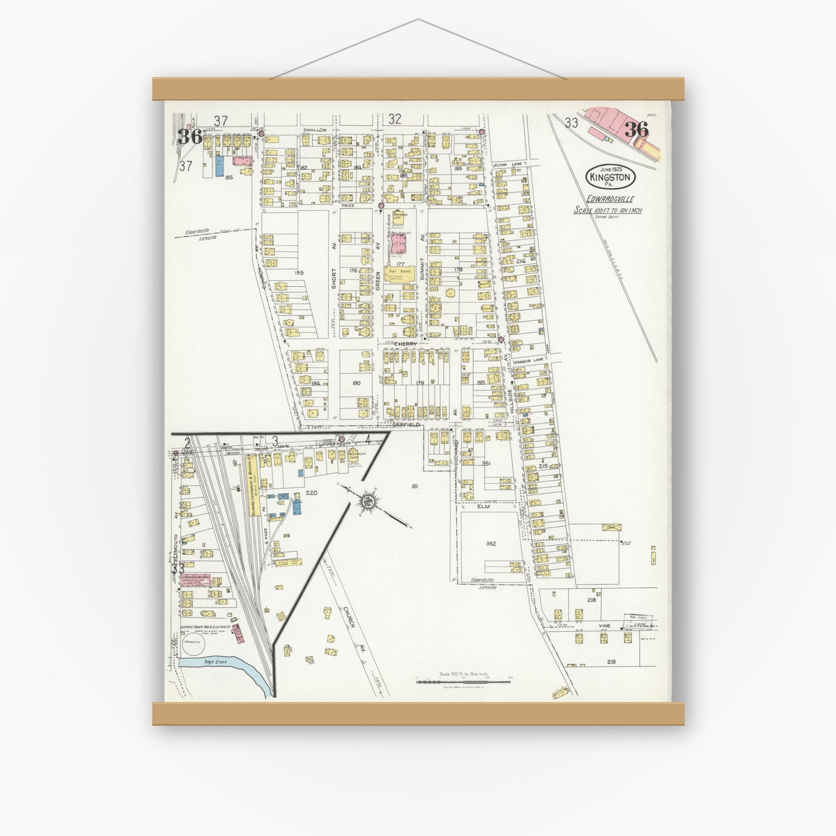 Old map wall art mockup — magnetic wood frame on white wall — Sanborn Fire Insurance Map from Kingston, Luzerne County, Pennsylvania (1925), Sheet #0036