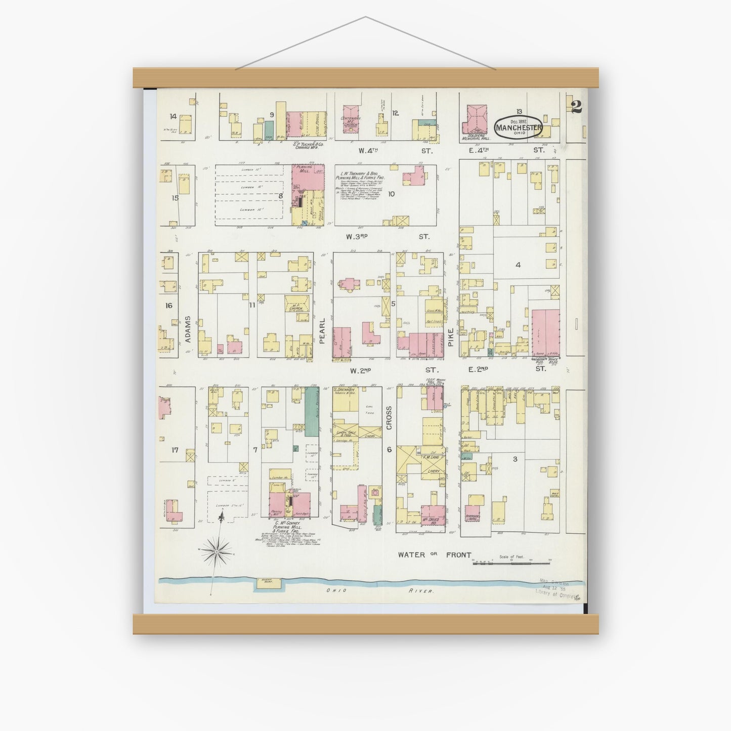 Old map wall art mockup — magnetic wood frame on white wall — Sanborn Fire Insurance Map from Manchester, Adams County, Ohio (1892), Sheet #0002