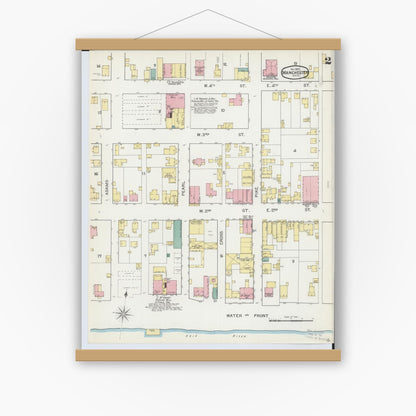 Old map wall art mockup — magnetic wood frame on white wall — Sanborn Fire Insurance Map from Manchester, Adams County, Ohio (1892), Sheet #0002