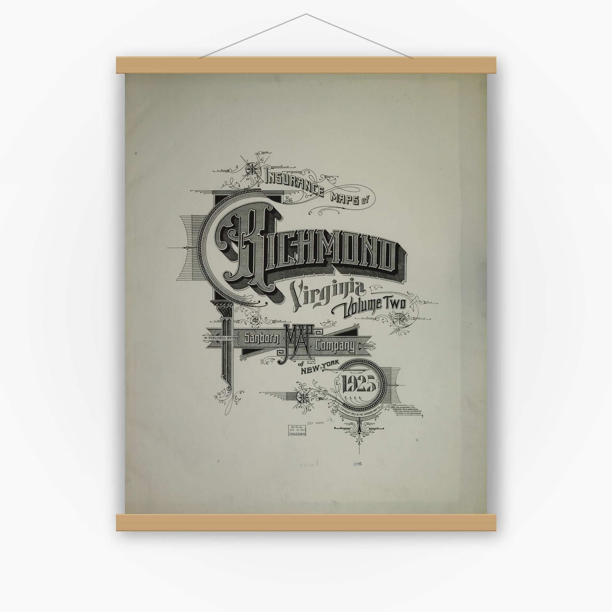 Old map wall art mockup — magnetic wood frame on white wall — Sanborn Fire Insurance Map from Richmond, Independent Cities, Virginia (1925), Sheet #0001