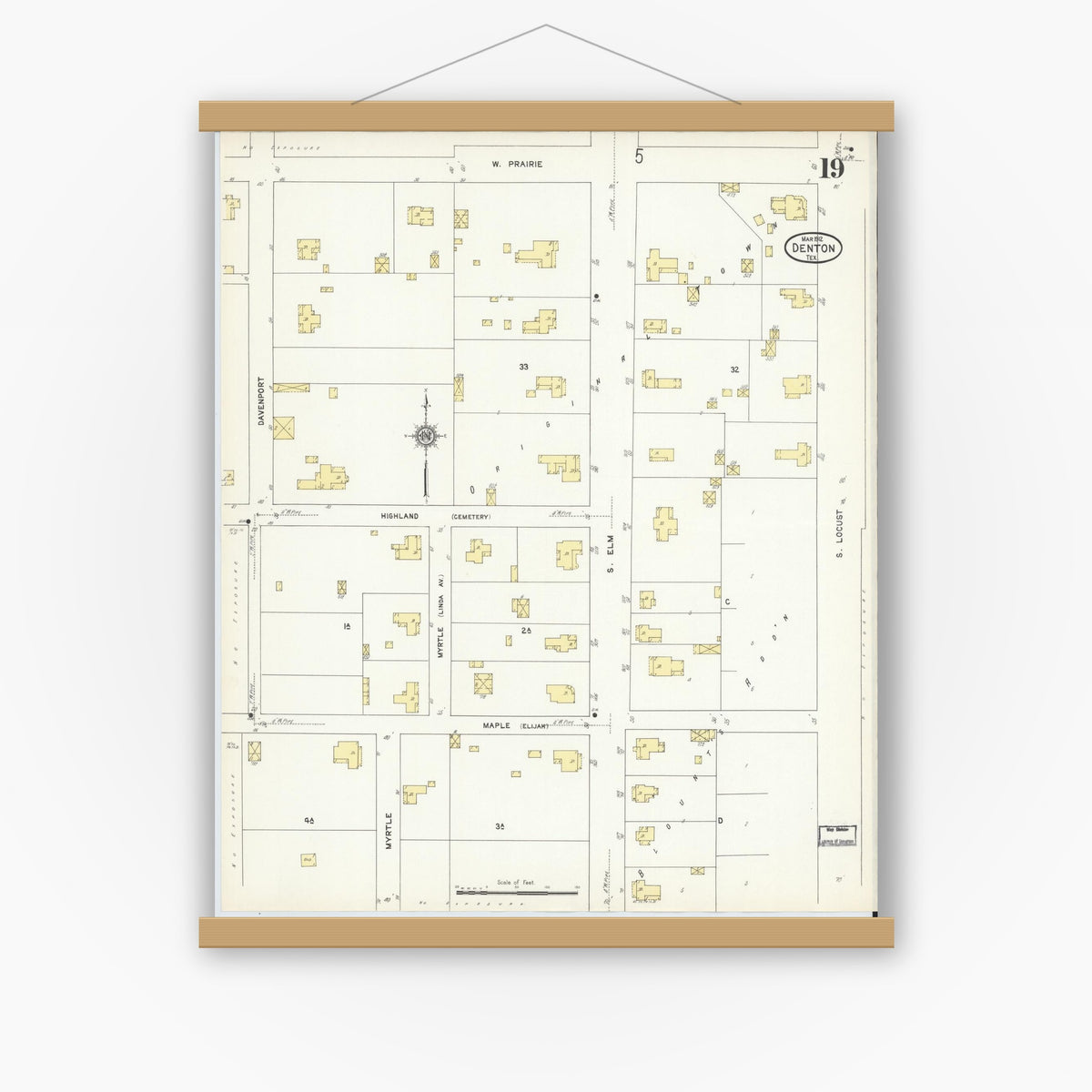 Old map wall art mockup — magnetic wood frame on white wall — Sanborn Fire Insurance Map from Denton, Denton County, Texas (1912), Sheet #0019