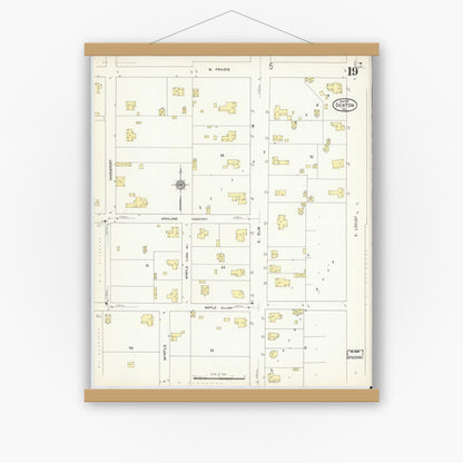 Old map wall art mockup — magnetic wood frame on white wall — Sanborn Fire Insurance Map from Denton, Denton County, Texas (1912), Sheet #0019