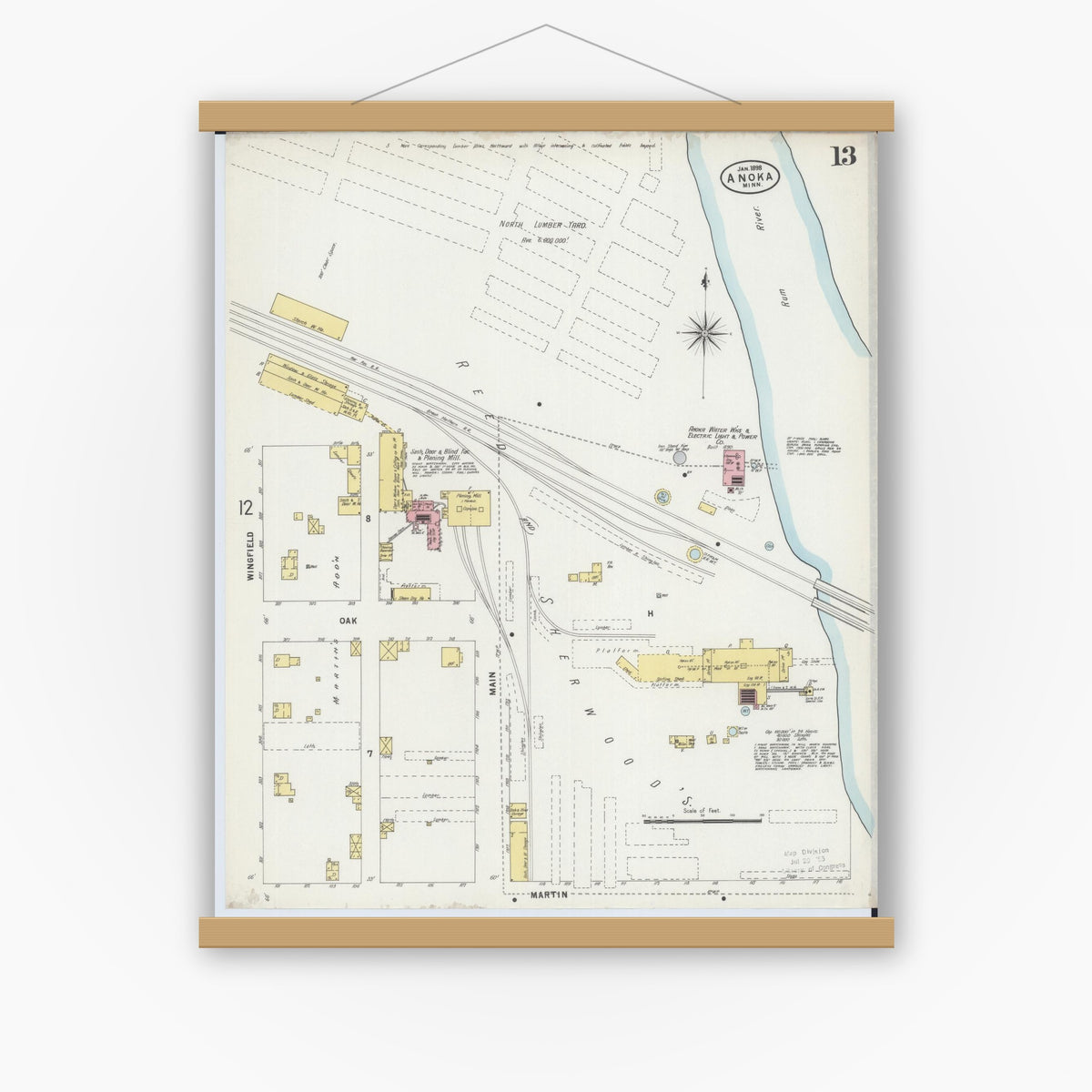 Old map wall art mockup — magnetic wood frame on white wall — Sanborn Fire Insurance Map from Anoka, Anoka County, Minnesota (1898), Sheet #0013