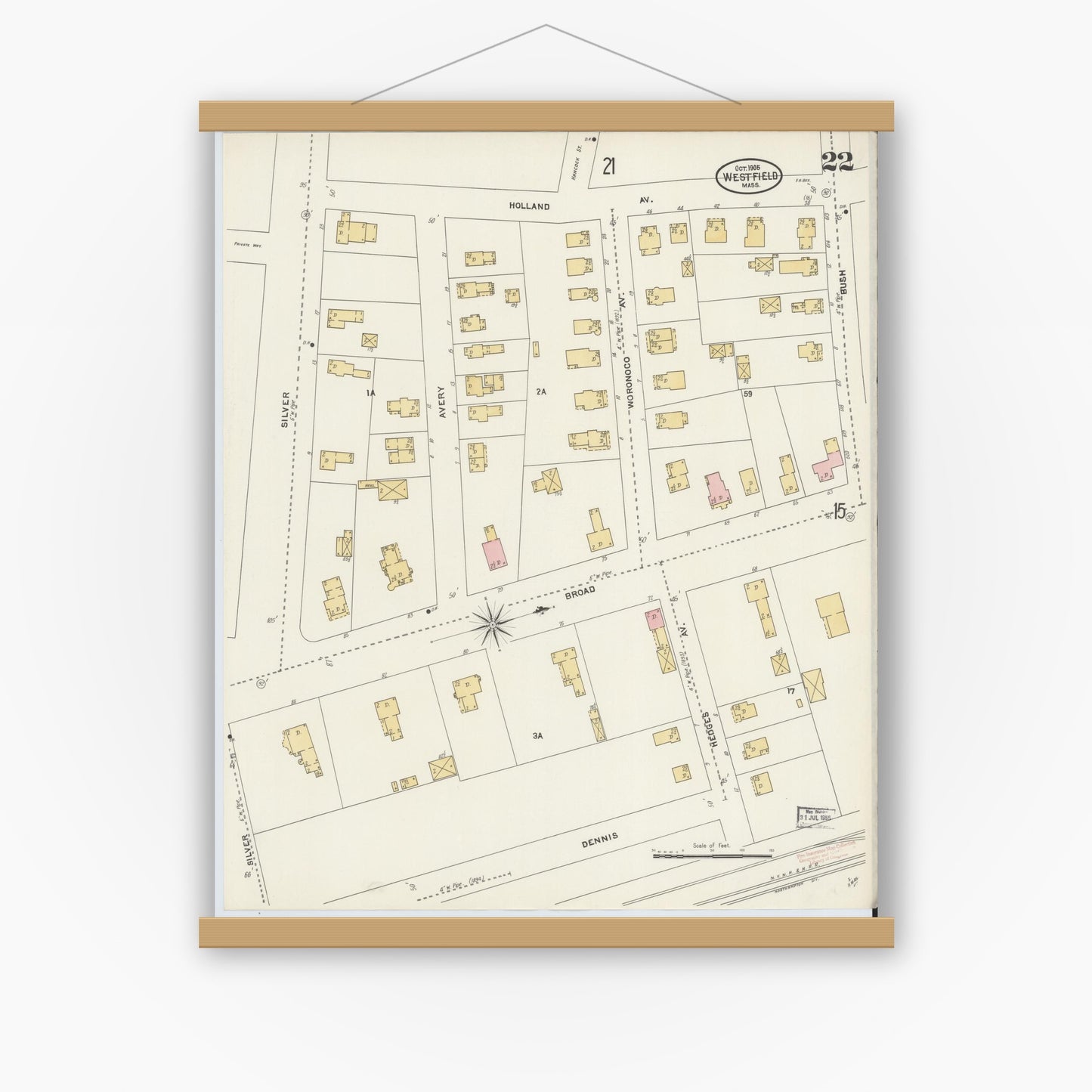 Old map wall art mockup — magnetic wood frame on white wall — Sanborn Fire Insurance Map from Westfield, Hampden County, Massachusetts (1905), Sheet #0022