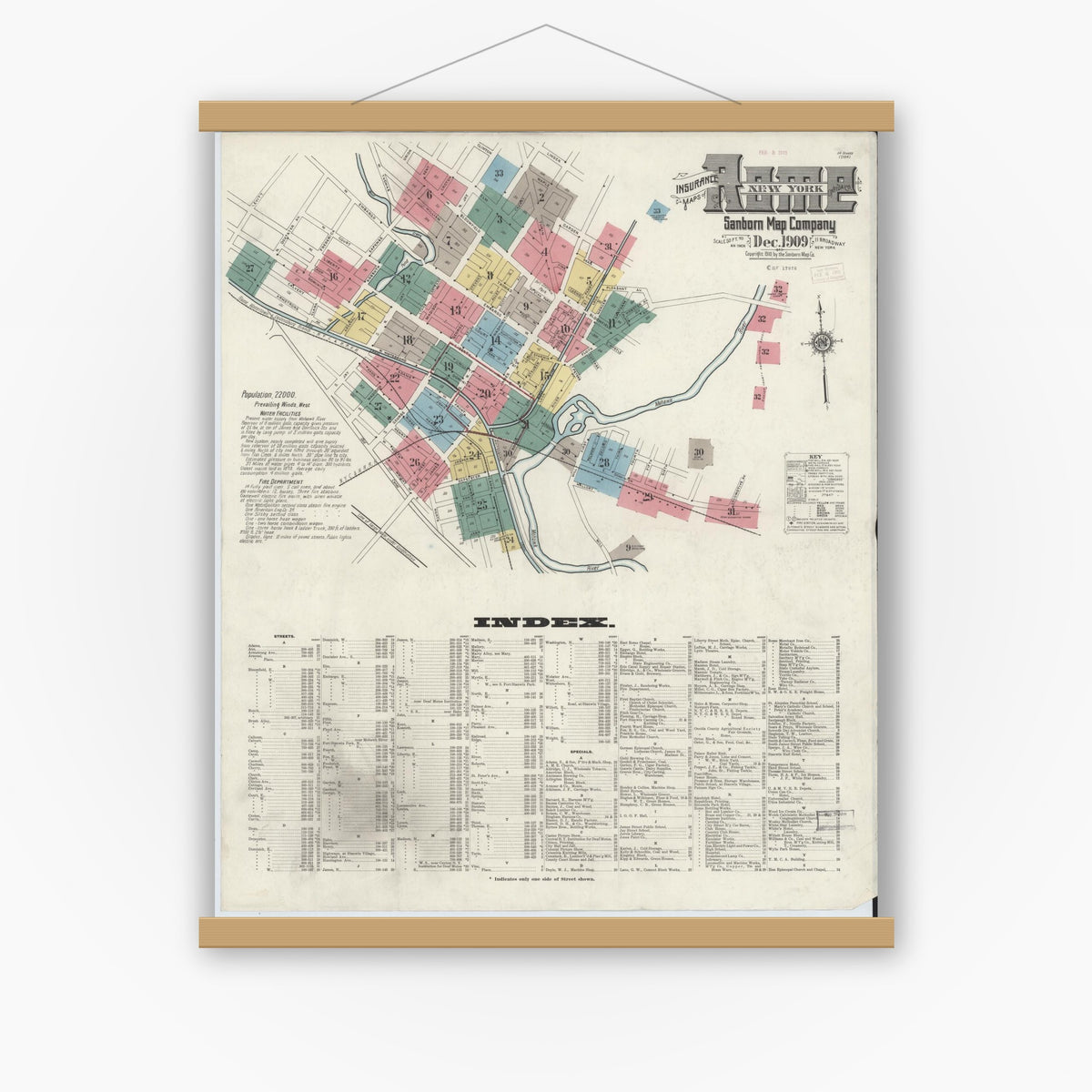 Old map wall art mockup — magnetic wood frame on white wall — Sanborn Fire Insurance Map from Rome, Oneida County, New York (1909), Sheet #0001