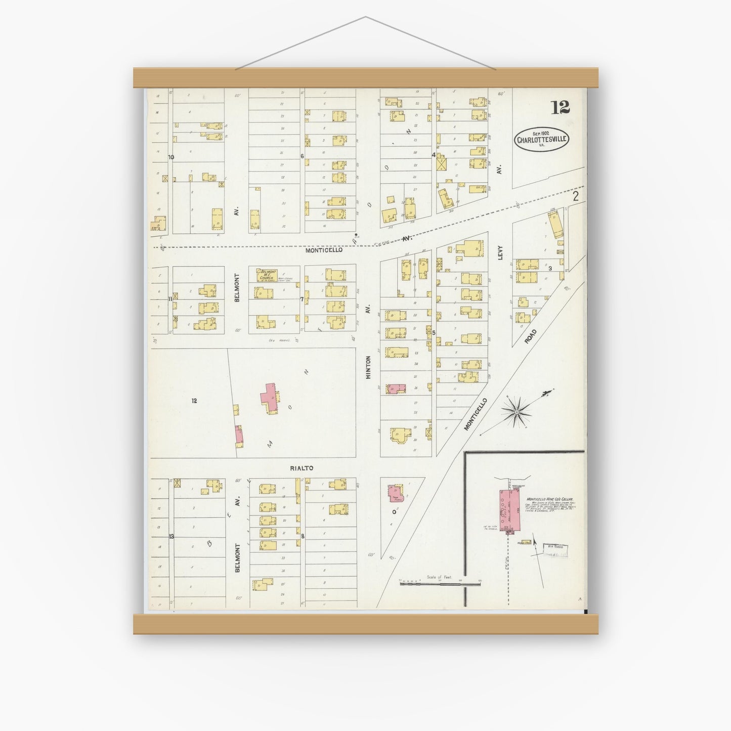 Old map wall art mockup — magnetic wood frame on white wall — Sanborn Fire Insurance Map from Charlottesville, Independent Cities, Virginia (1902), Sheet #0012