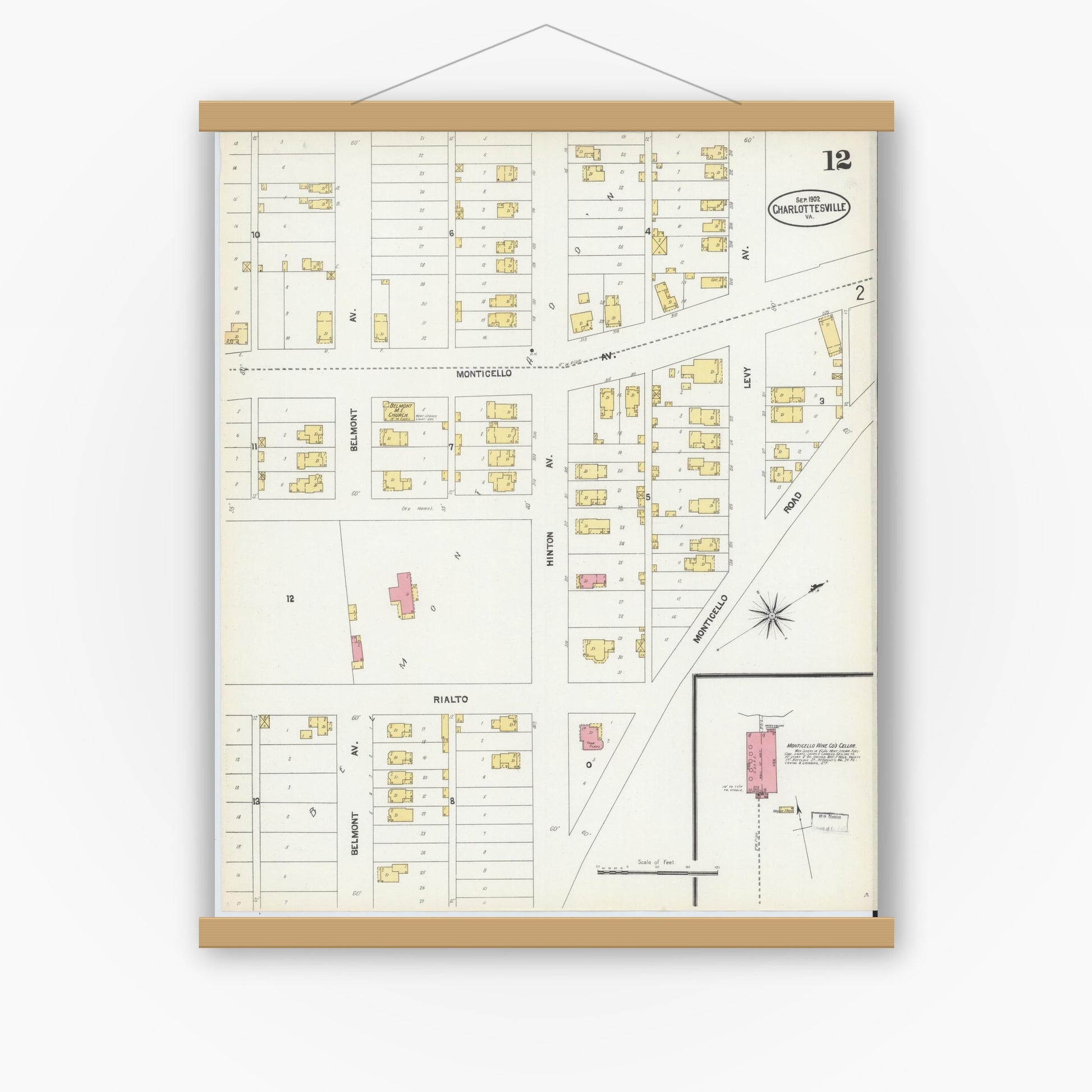 Old map wall art mockup — magnetic wood frame on white wall — Sanborn Fire Insurance Map from Charlottesville, Independent Cities, Virginia (1902), Sheet #0012