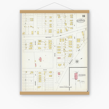 Old map wall art mockup — magnetic wood frame on white wall — Sanborn Fire Insurance Map from Charlottesville, Independent Cities, Virginia (1902), Sheet #0012