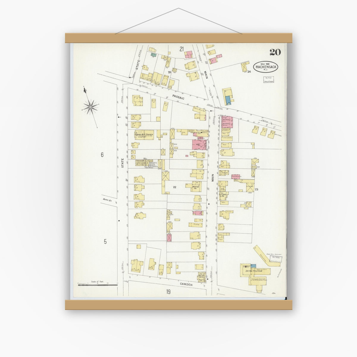Old map wall art mockup — magnetic wood frame on white wall — Sanborn Fire Insurance Map from Hackensack, Bergen County, New Jersey (1908), Sheet #0020