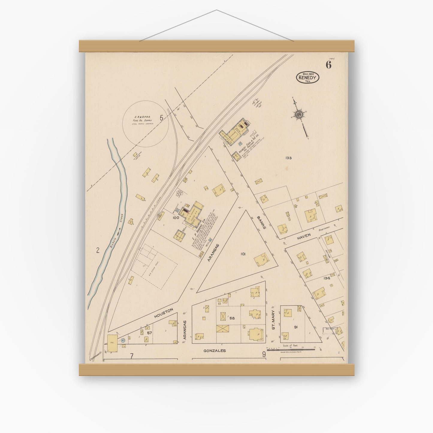 Old map wall art mockup — magnetic wood frame on white wall — Sanborn Fire Insurance Map from Kenedy, Karnes County, Texas (1922), Sheet #0006