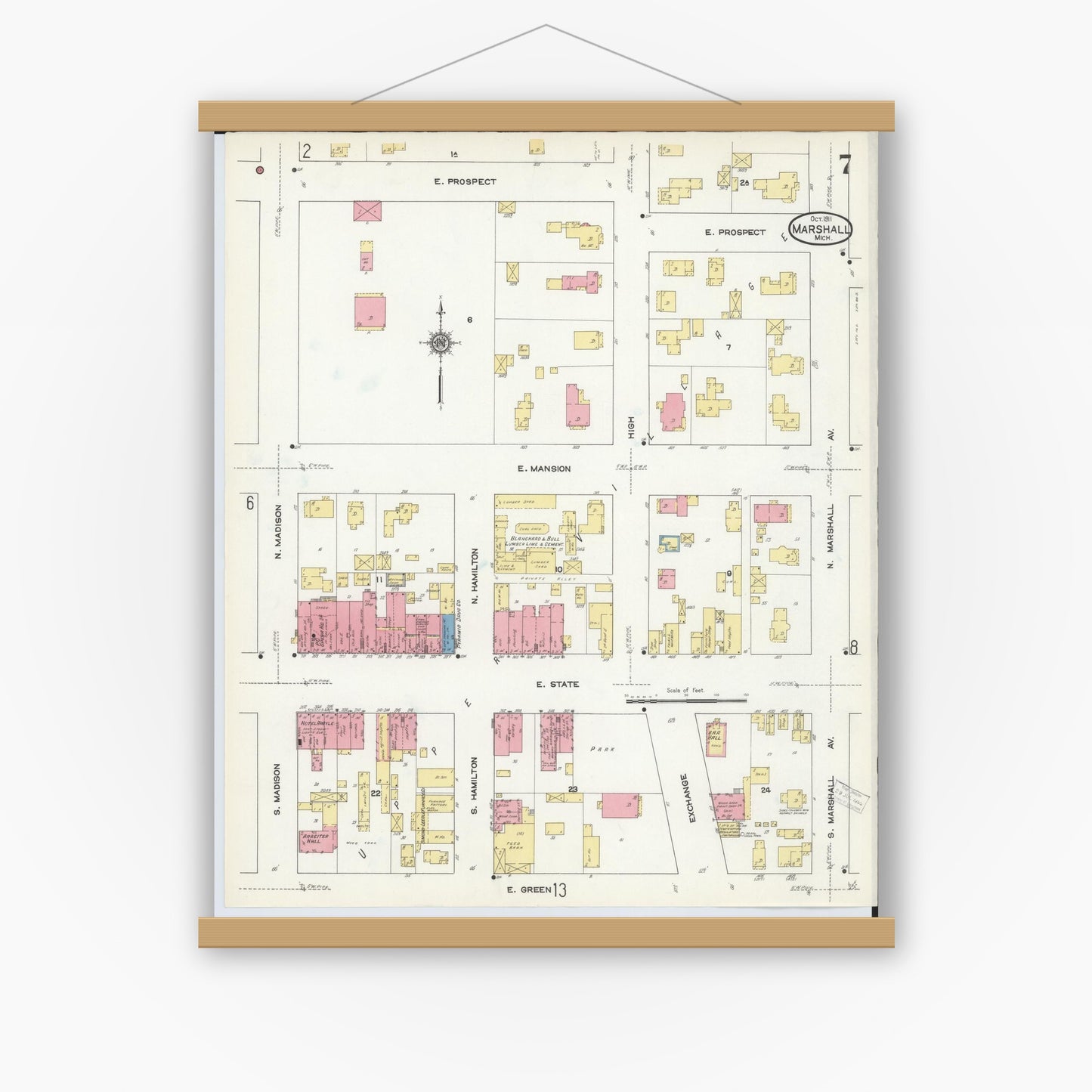 Old map wall art mockup — magnetic wood frame on white wall — Sanborn Fire Insurance Map from Marshall, Calhoun County, Michigan (1911), Sheet #0007