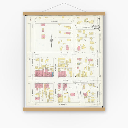 Old map wall art mockup — magnetic wood frame on white wall — Sanborn Fire Insurance Map from Marshall, Calhoun County, Michigan (1911), Sheet #0007