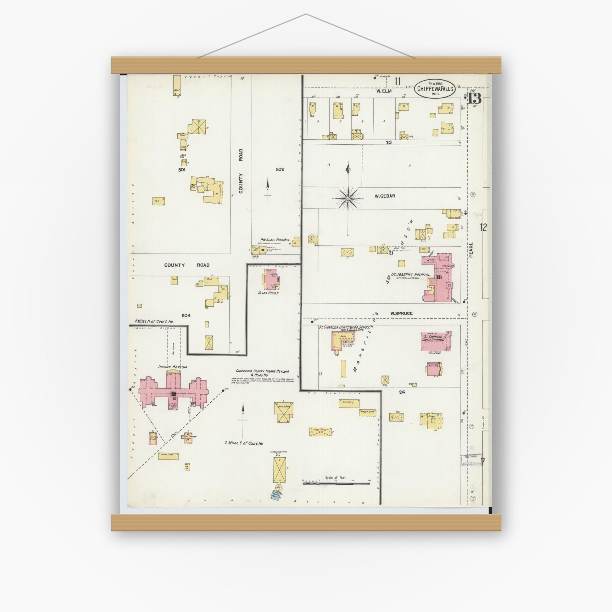 Old map wall art mockup — magnetic wood frame on white wall — Sanborn Fire Insurance Map from Chippewa Falls, Chippewa County, Wisconsin (1903), Sheet #0013