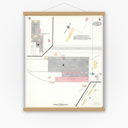 Old map wall art mockup — magnetic wood frame on white wall — Sanborn Fire Insurance Map from Louisville, Stark County, Ohio (1923), Sheet #0009