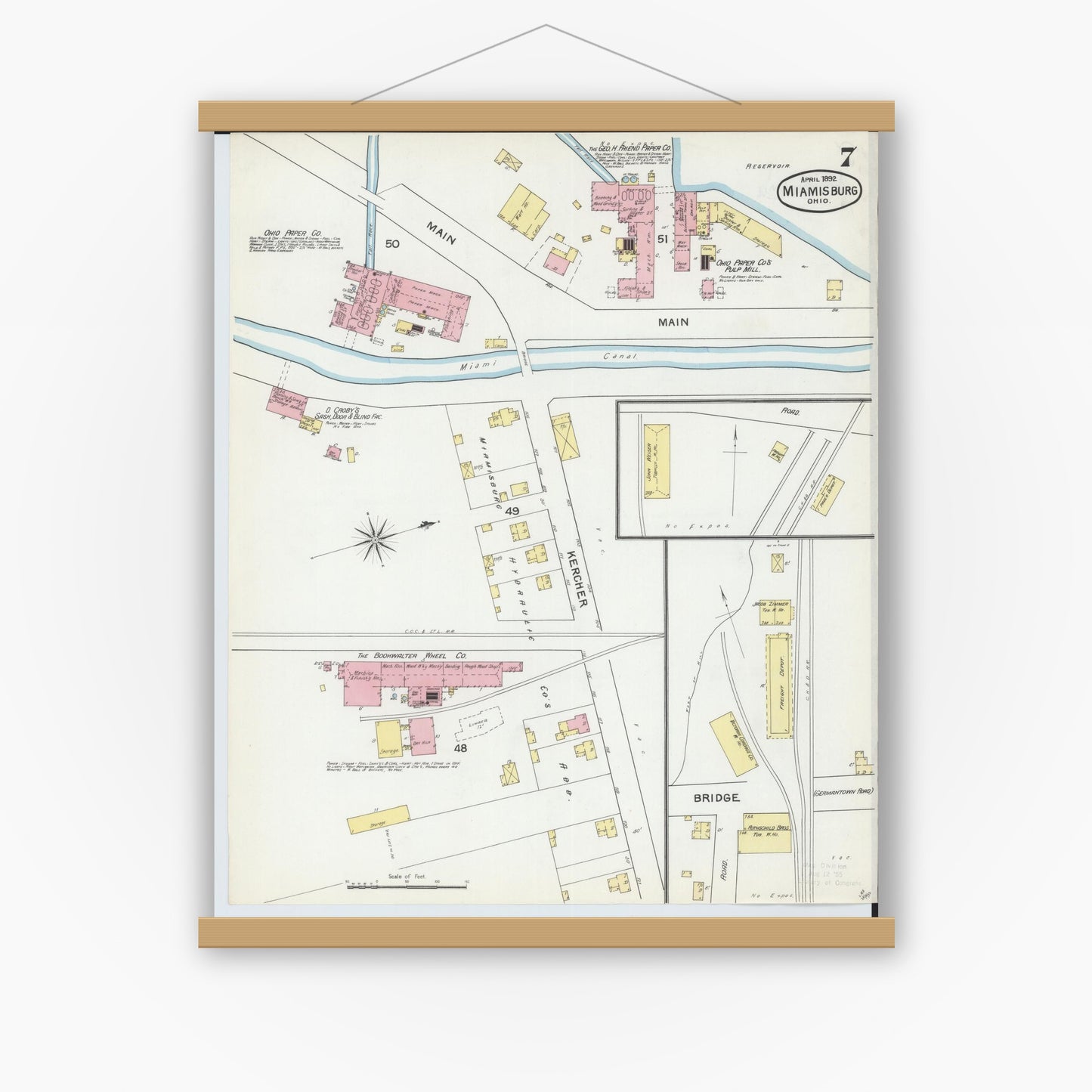 Old map wall art mockup — magnetic wood frame on white wall — Sanborn Fire Insurance Map from Miamisburg, Montgomery County, Ohio (1892), Sheet #0007