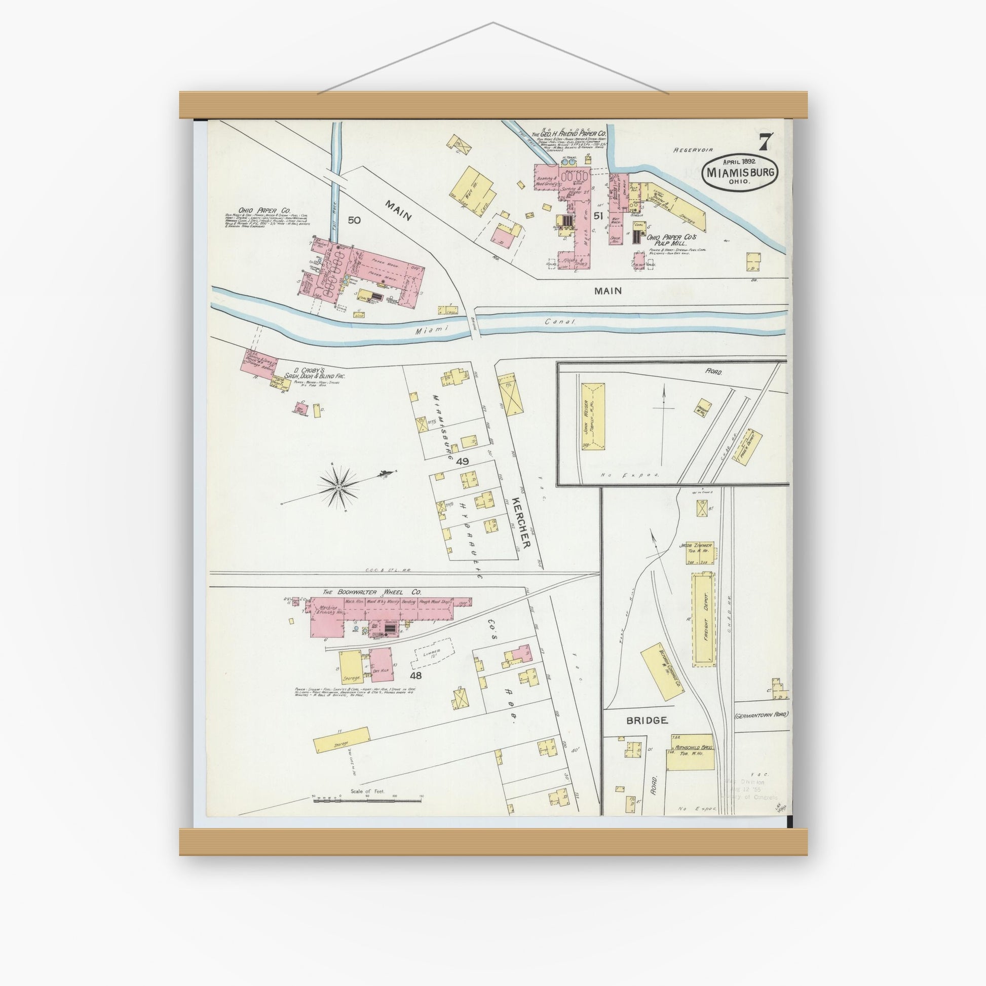Old map wall art mockup — magnetic wood frame on white wall — Sanborn Fire Insurance Map from Miamisburg, Montgomery County, Ohio (1892), Sheet #0007
