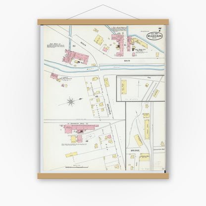Old map wall art mockup — magnetic wood frame on white wall — Sanborn Fire Insurance Map from Miamisburg, Montgomery County, Ohio (1892), Sheet #0007