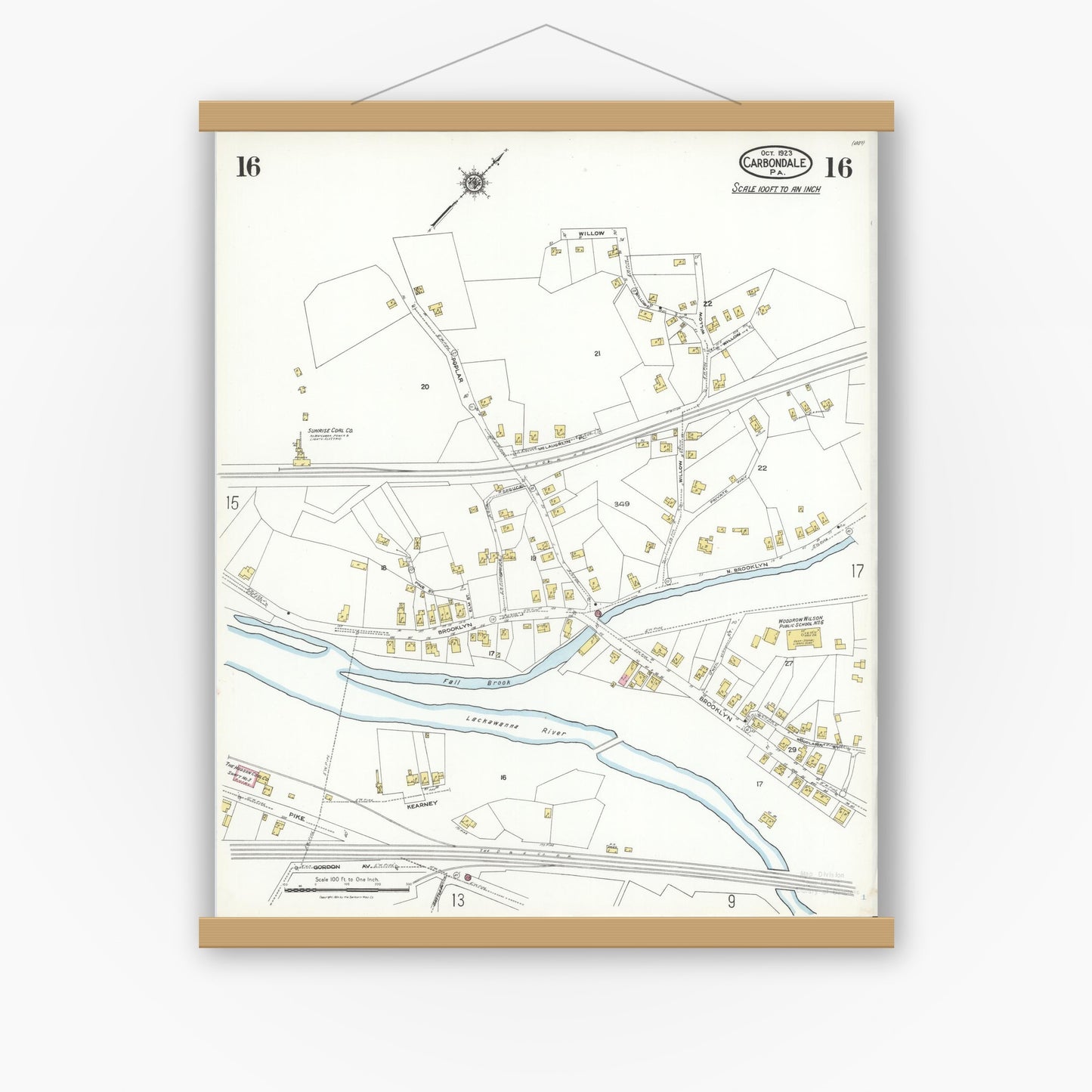 Old map wall art mockup — magnetic wood frame on white wall — Sanborn Fire Insurance Map from Carbondale, Lackawanna County, Pennsylvania (1923), Sheet #0016