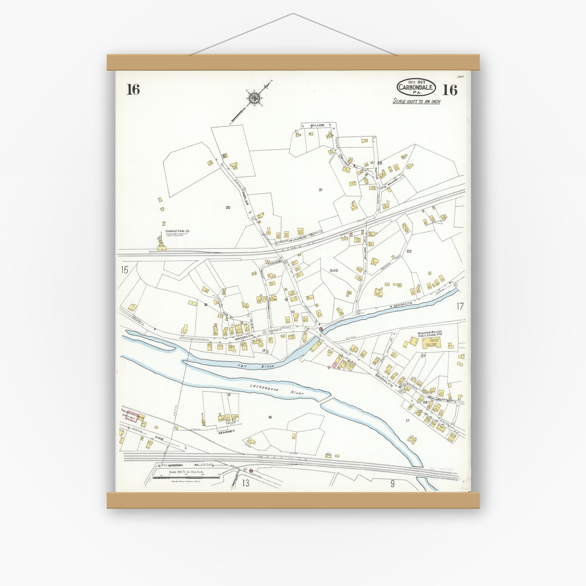 Old map wall art mockup — magnetic wood frame on white wall — Sanborn Fire Insurance Map from Carbondale, Lackawanna County, Pennsylvania (1923), Sheet #0016