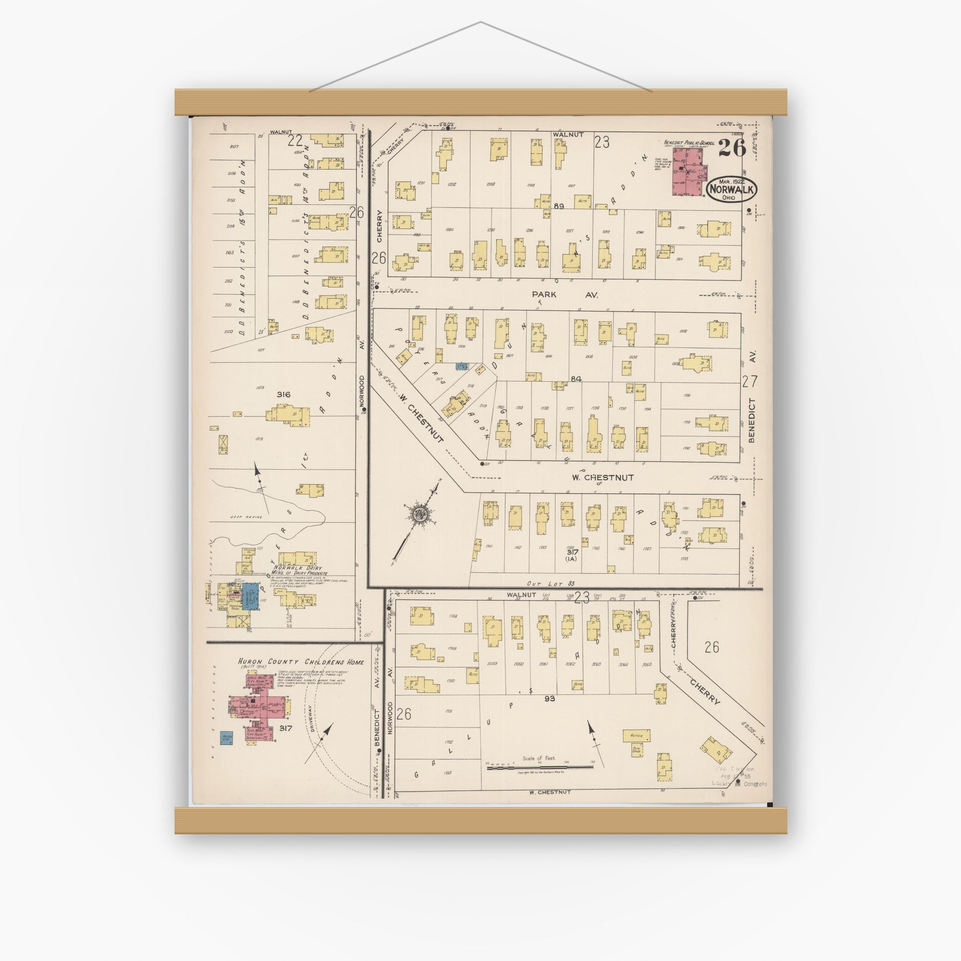 Old map wall art mockup — magnetic wood frame on white wall — Sanborn Fire Insurance Map from Norwalk, Huron County, Ohio (1922), Sheet #0026