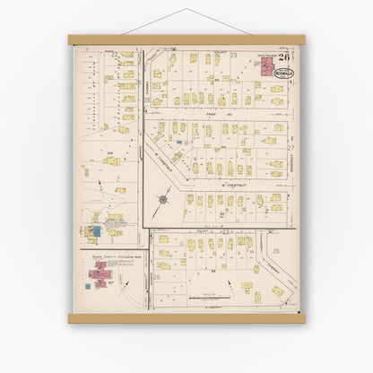 Old map wall art mockup — magnetic wood frame on white wall — Sanborn Fire Insurance Map from Norwalk, Huron County, Ohio (1922), Sheet #0026