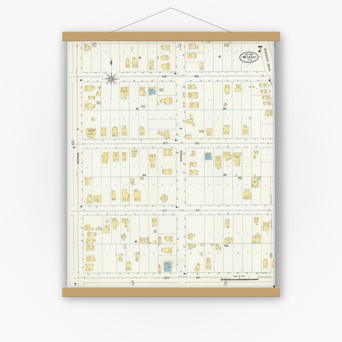 Old map wall art mockup — magnetic wood frame on white wall — Sanborn Fire Insurance Map from Miami, Dade County, Florida (1906), Sheet #0007