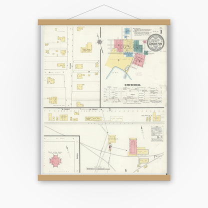 Old map wall art mockup — magnetic wood frame on white wall — Sanborn Fire Insurance Map from Groveton, Trinity County, Texas (1912), Sheet #0001