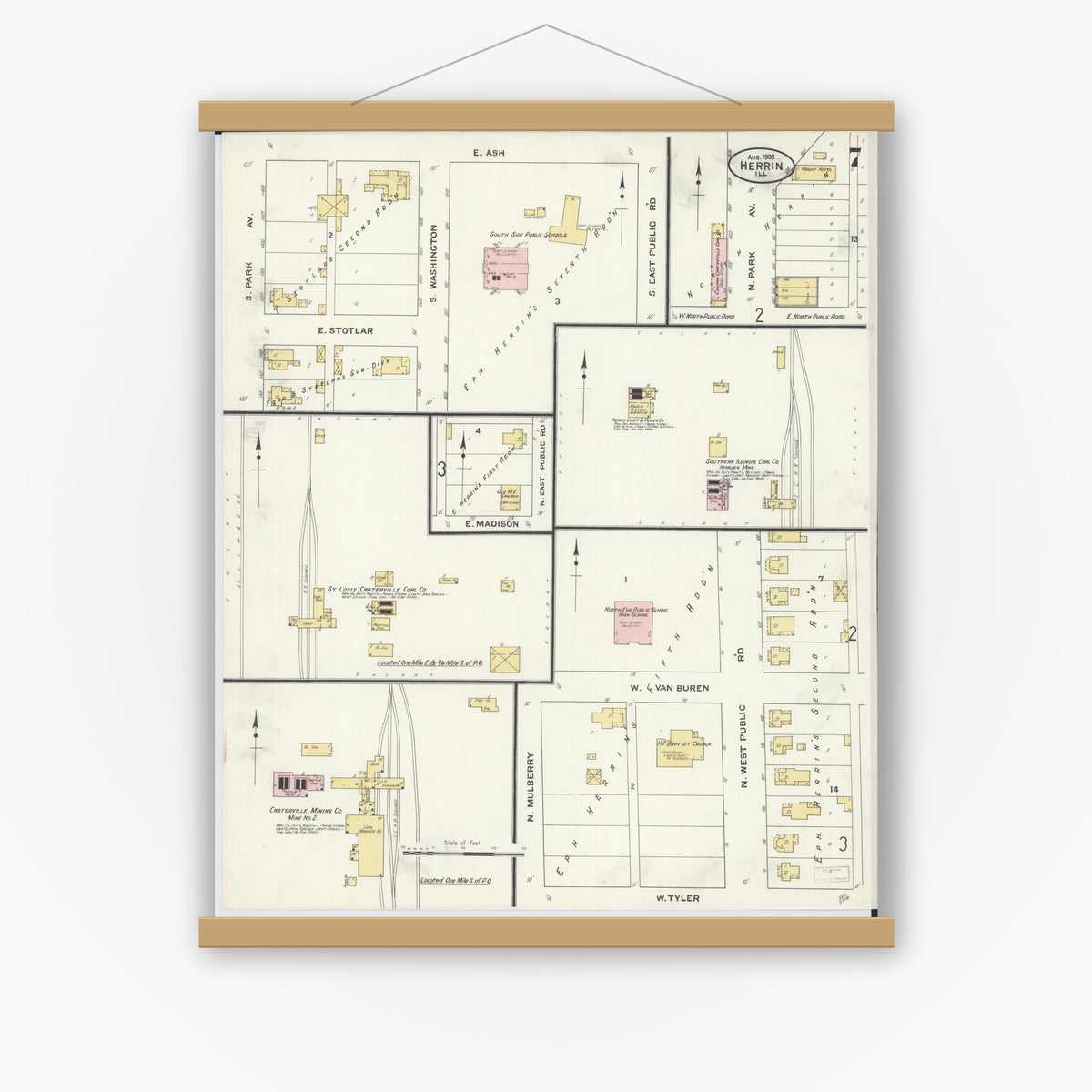 Old map wall art mockup — magnetic wood frame on white wall — Sanborn Fire Insurance Map from Herrin, Williamson County, Illinois (1909), Sheet #0007