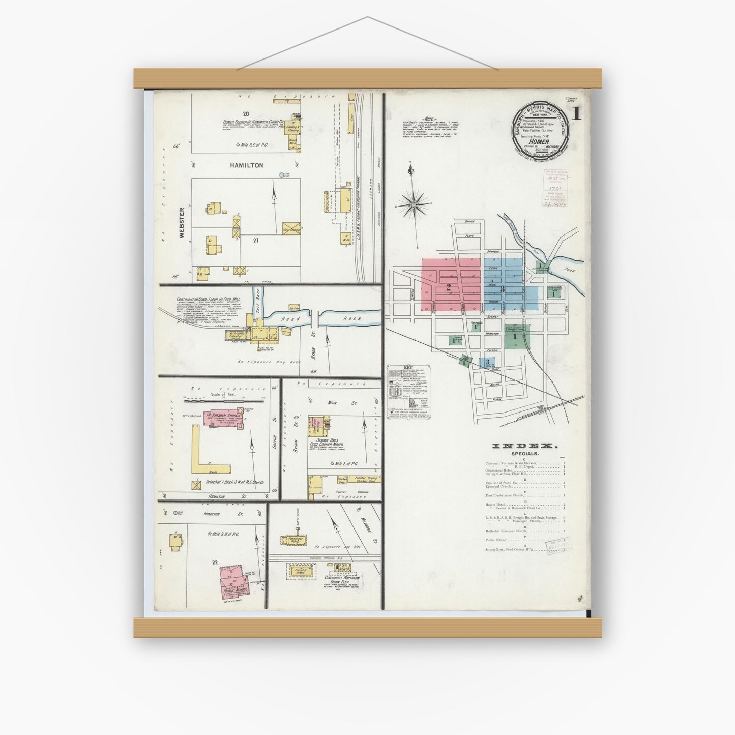 Old map wall art mockup — magnetic wood frame on white wall — Sanborn Fire Insurance Map from Homer, Calhoun County, Michigan (1899) - Complete Map Set