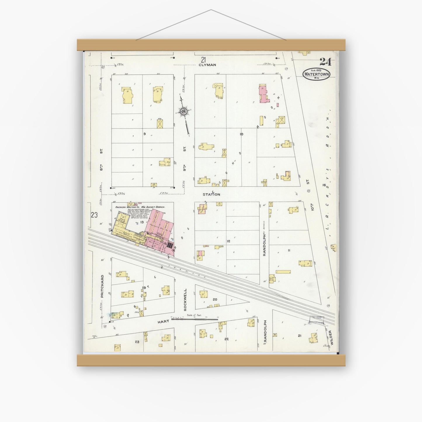 Old map wall art mockup — magnetic wood frame on white wall — Sanborn Fire Insurance Map from Watertown, Jefferson County, Wisconsin (1909), Sheet #0024
