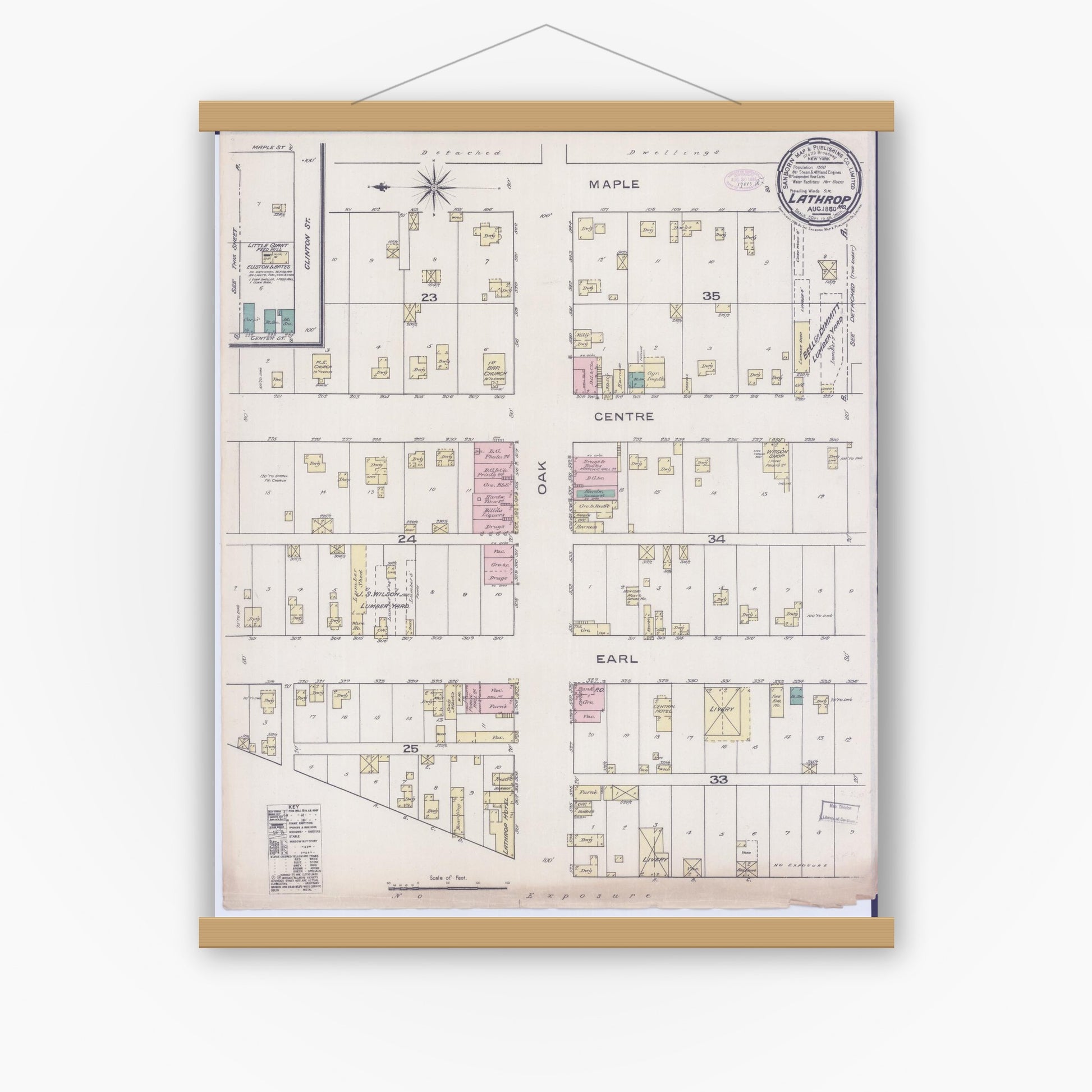 Old map wall art mockup — magnetic wood frame on white wall — Sanborn Fire Insurance Map from Lathrop, Clinton County, Missouri (Unknown), Sheet #0001