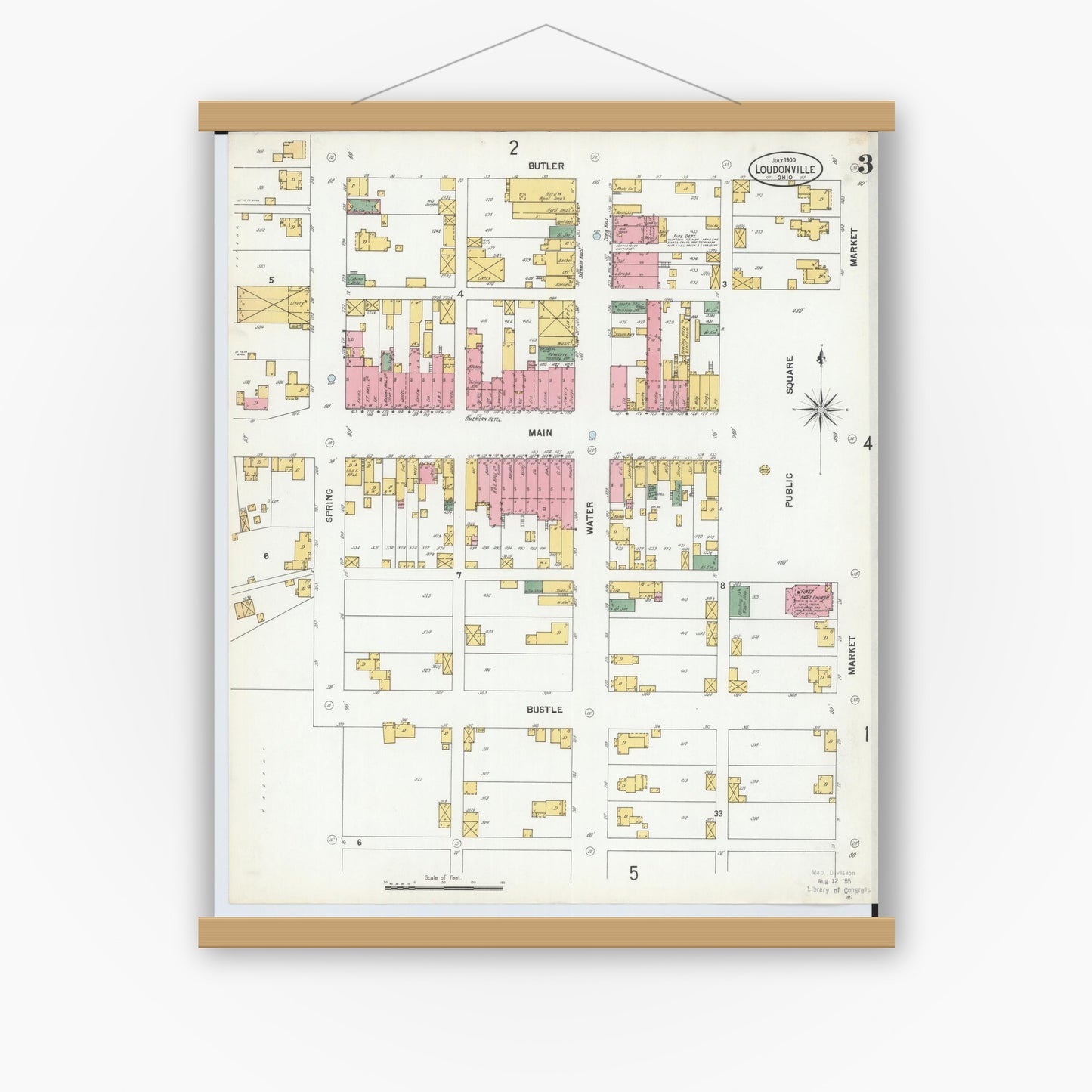 Old map wall art mockup — magnetic wood frame on white wall — Sanborn Fire Insurance Map from Loudonville, Ashland County, Ohio (1900), Sheet #0003