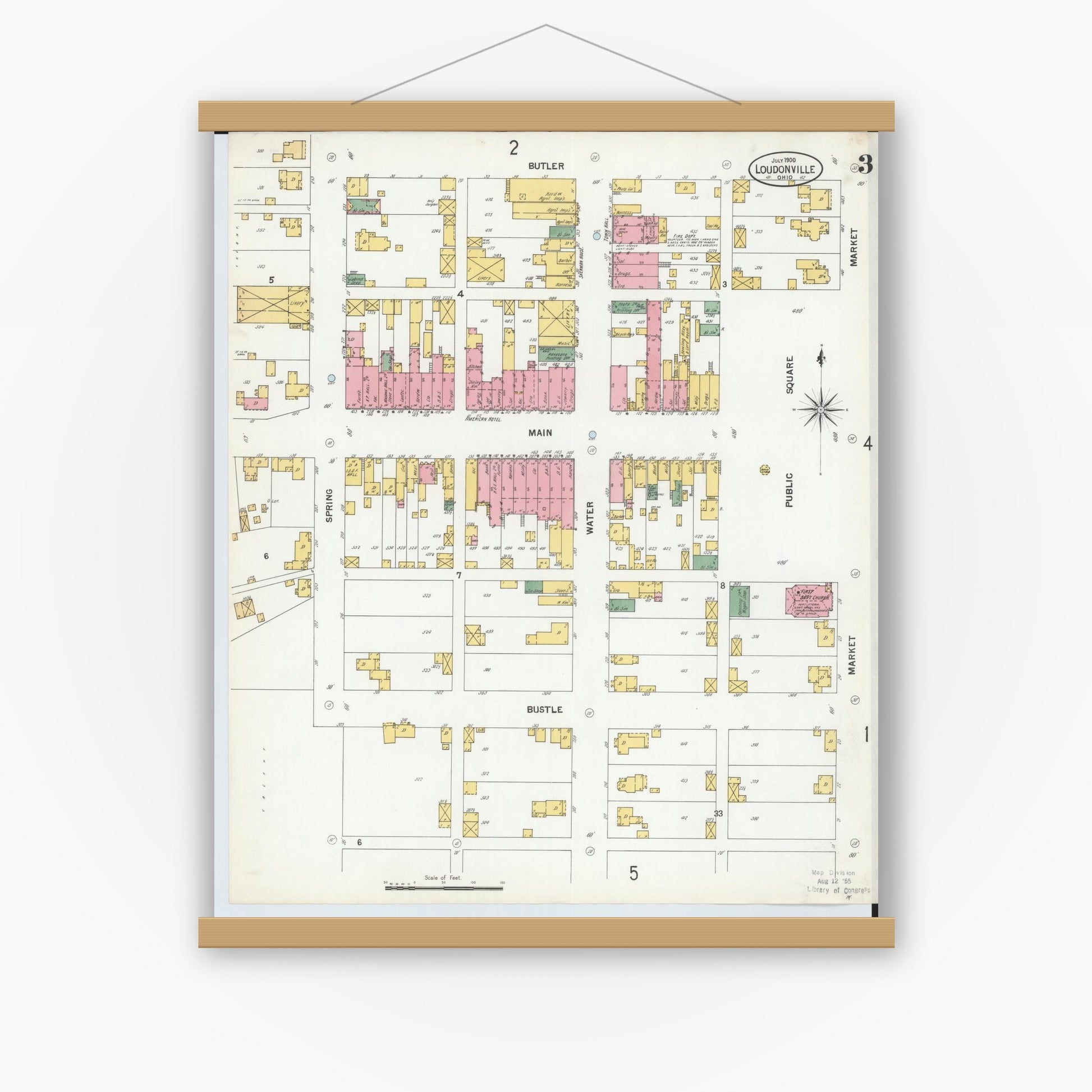 Old map wall art mockup — magnetic wood frame on white wall — Sanborn Fire Insurance Map from Loudonville, Ashland County, Ohio (1900), Sheet #0003