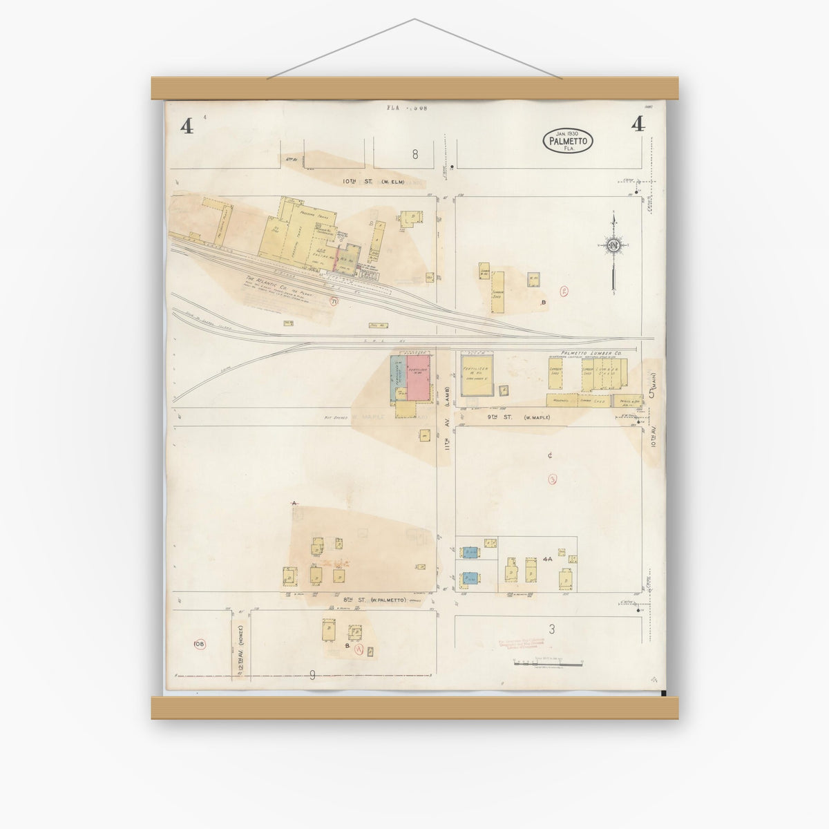 Old map wall art mockup — magnetic wood frame on white wall — Sanborn Fire Insurance Map from Palmetto, Manatee County, Florida (1944), Sheet #0004