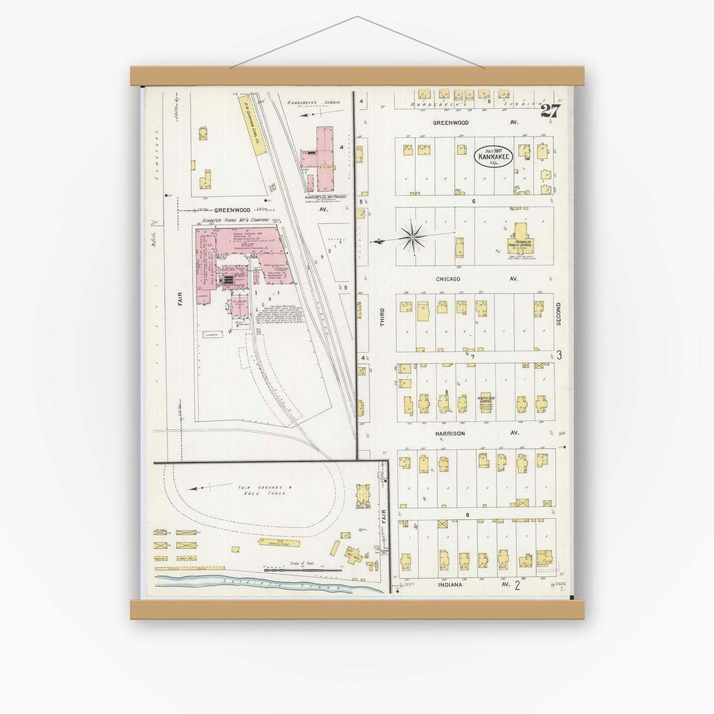 Old map wall art mockup — magnetic wood frame on white wall — Sanborn Fire Insurance Map from Kankakee, Kankakee County, Illinois (1907), Sheet #0027