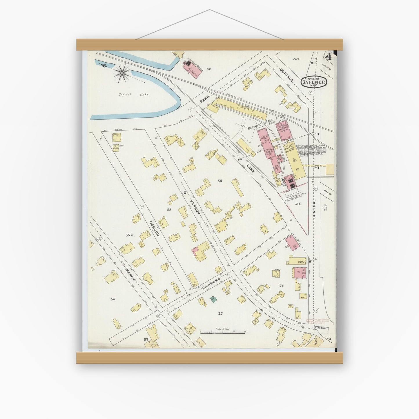 Old map wall art mockup — magnetic wood frame on white wall — Sanborn Fire Insurance Map from Gardner, Worcester County, Massachusetts (1895), Sheet #0004