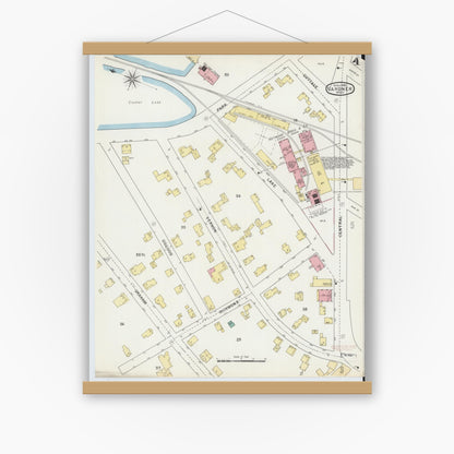 Old map wall art mockup — magnetic wood frame on white wall — Sanborn Fire Insurance Map from Gardner, Worcester County, Massachusetts (1895), Sheet #0004