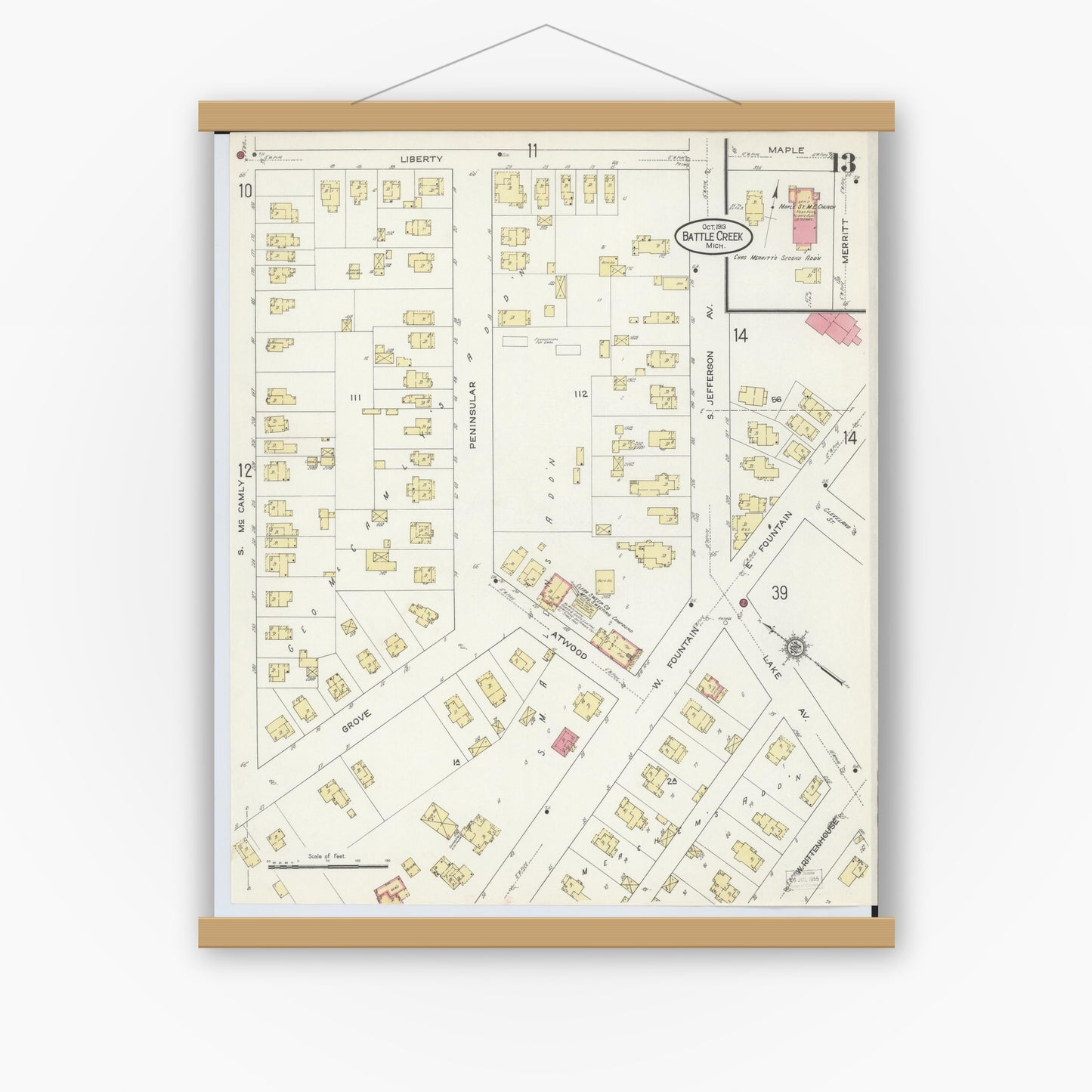 Old map wall art mockup — magnetic wood frame on white wall — Sanborn Fire Insurance Map from Battle Creek, Calhoun County, Michigan (1913), Sheet #0013
